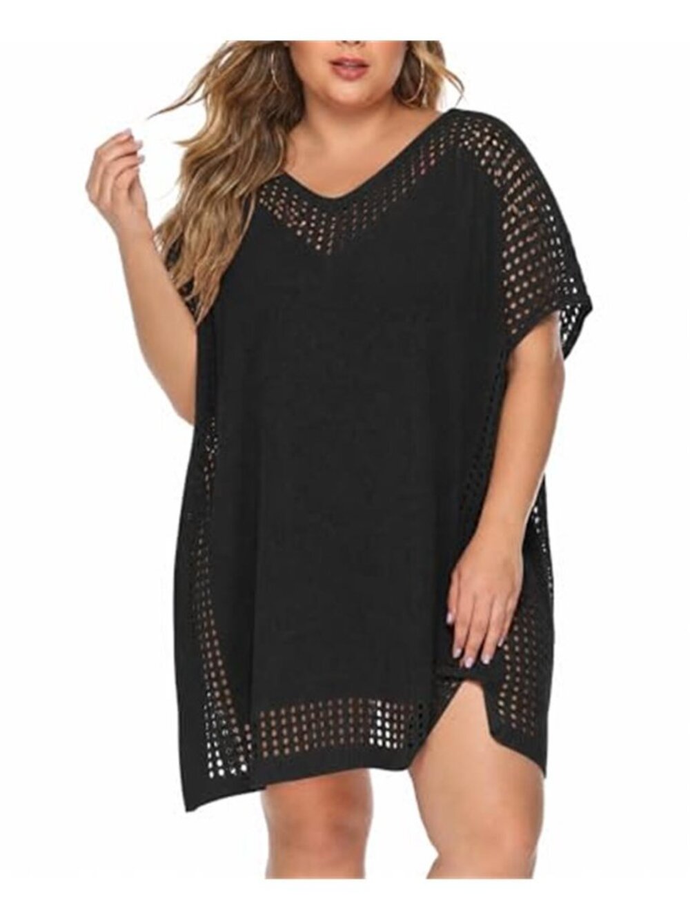 Chalier Black Plus Size Crochet Swim Cover Up V Neck Beach Tunic Dress